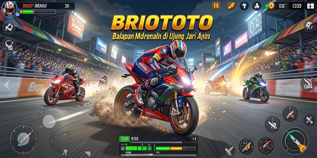 Tampilan gameplay seru dari BRIOTOTO dengan balap motor yang mendebarkan.