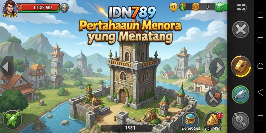 Screenshot gameplay IDN789 menunjukkan pertempuran menara yang intens.