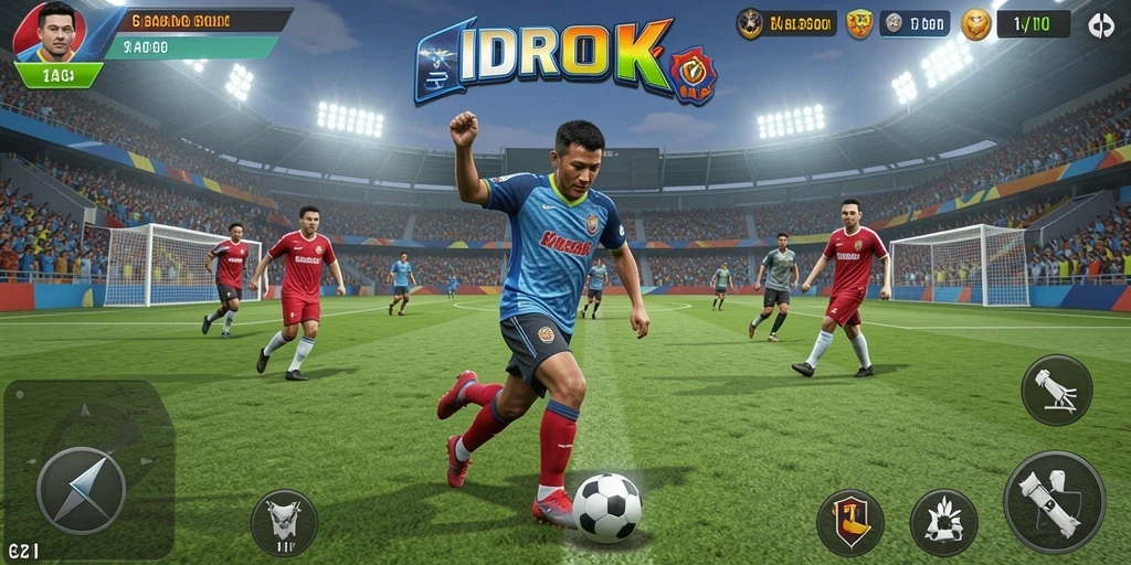 Tampilan gameplay yang menakjubkan dari IDROK dengan aksi sepak bola seru.