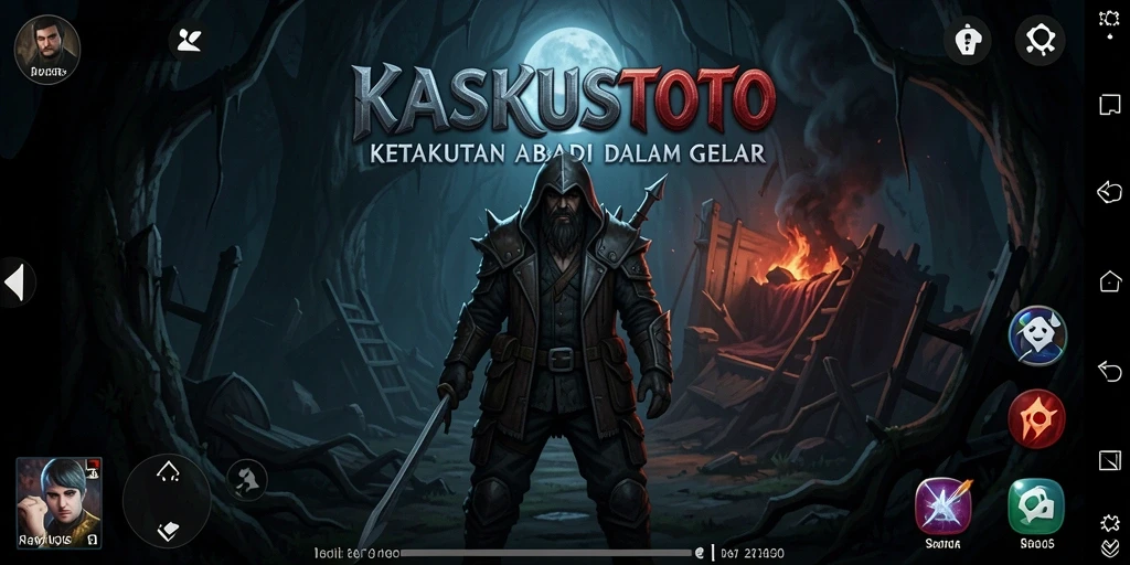Screenshot gameplay KASKUSTOTO menampilkan suasana menakutkan dengan efek cahaya dramatis.
