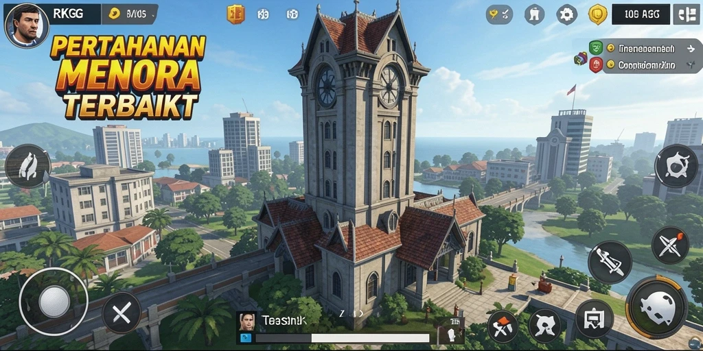 Screenshot menampilkan aksi menara mempertahankan area dari serangan musuh.