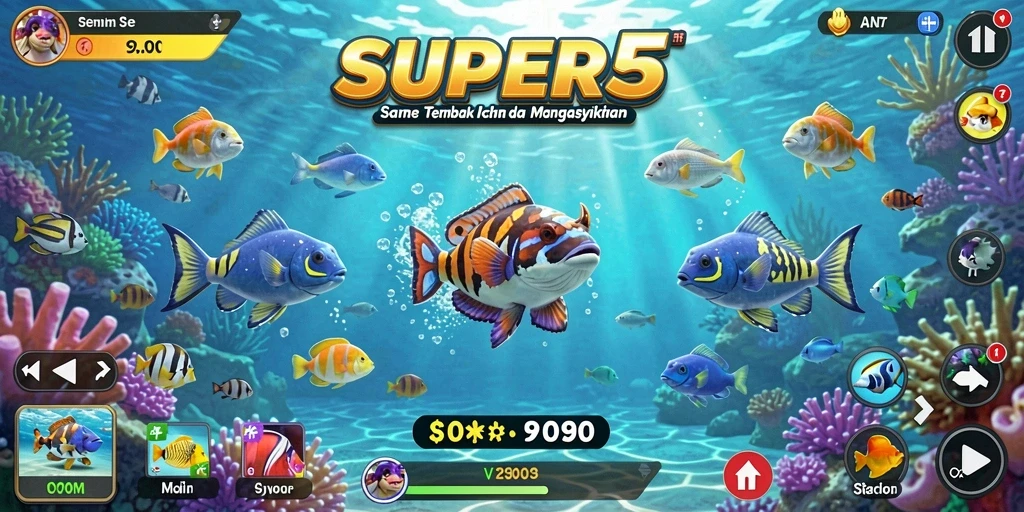 Tampilan gameplay SERU di SUPER5 saat menembak ikan.