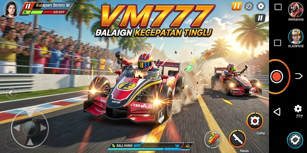 Screenshot menunjukkan aksi balapan menegangkan dalam VM777.
